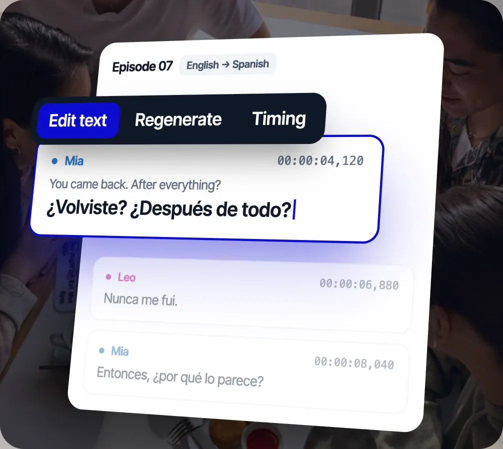 에피소드 07의 영어-스페인어 Rask 라인 Editor: 텍스트 수정, 재생성, 타이밍 작업 기능과 함께 Mia의 대사가 수정되고 있음